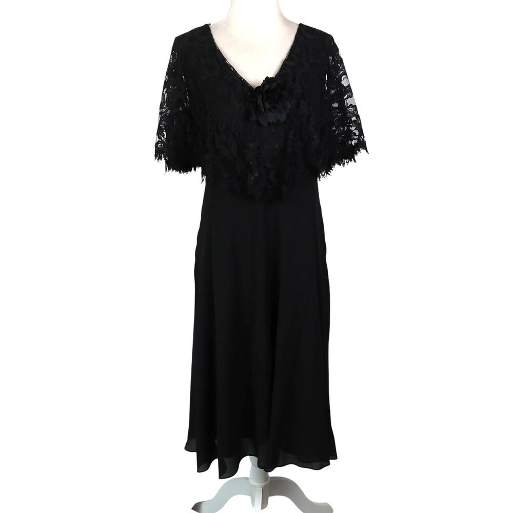 Vintage 80s After Dark Black Midi Party Dress Sheer Lace Cape Overlay 12